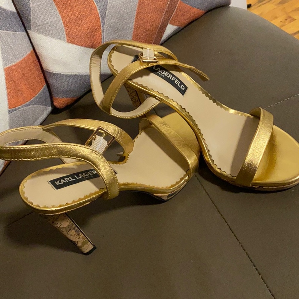 Woman Karl Lagerfeld Paris, Gold Heel Sandals 4”. Size 8.5